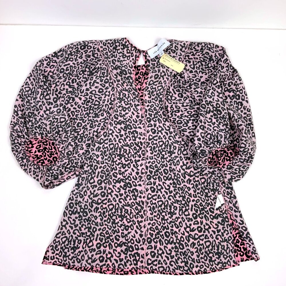 New Les Reveries Silk Balloon Sleeve Animal Leopard Print Blouse Pink Size 4 - Picture 12 of 16